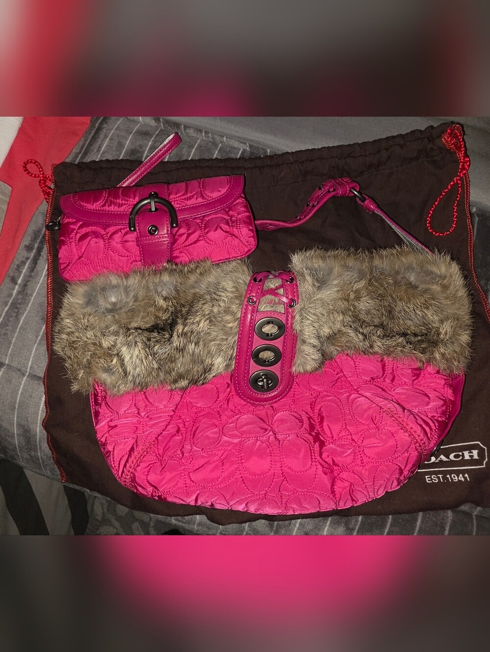 Coach Fuchsia Quilted Tote with  Fur Trim *Rare*